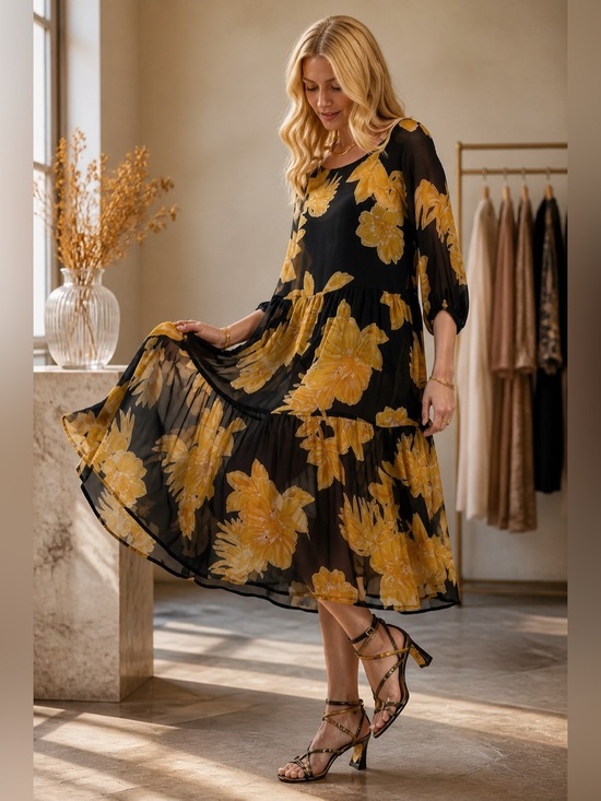 Fifteen Twenty Dresses & Skirts - NWOT Fifteen Twenty Women’s Gold/Black Midi Sheer Short Sleeve Dress - Size M